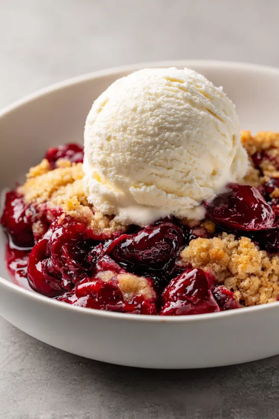 Ein weißer Teller mit einer Portion von Cherry Cobbler, der mit einer Schüssel und einer Gabel gerecht wird.
