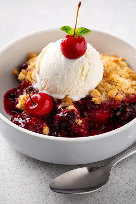 Ein Glas mit Cherry Cobbler, der mit Eis und einer Cherry garniert ist.