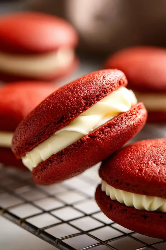 Zwei Red Velvet Whoopie Pies auf einem Teller.