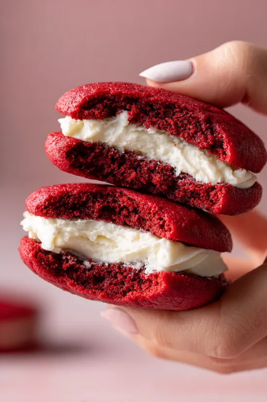 Zwei rote Velvet Whoopie Pies, die in der Hand gehalten werden.