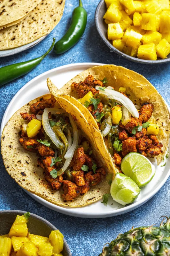 Ein weißer Teller mit zwei Tacos al Pastor, die mit Pineapple, Onion, Lime und Chili belegt sind.