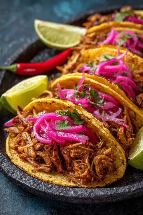 Ein Taco mit Pink und Purple Zwiebeln, garniert mit einer Zwiebel und einer Lime.
