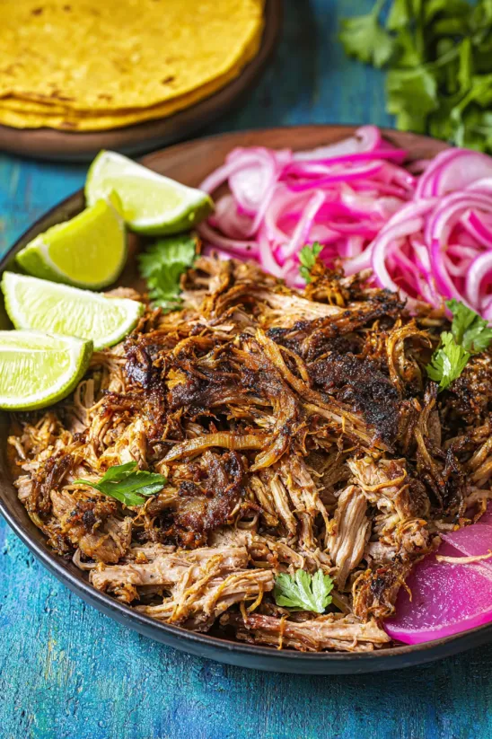 Ein Schüssel mit Cochinita Pibil, einer traditionellen mexikanischen Gerichte, die aus Rindfleisch, Kokosmilch, Zwiebeln, Paprika und anderen Zutaten zubereitet wird.