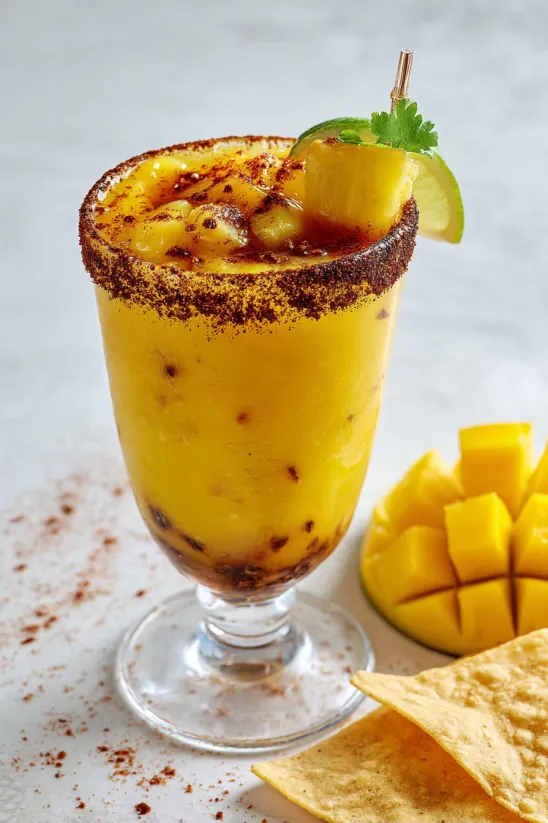 Ein Glas mit einer Mischung aus Mangonada, die aus Mangos, Zitronen, Zucker und Kokoschmelz besteht.
