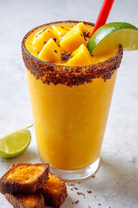Ein Glas mit einer Mischung aus Mangonada, die mit Zitrusfrüchten und Gewürzen zubereitet wurde.