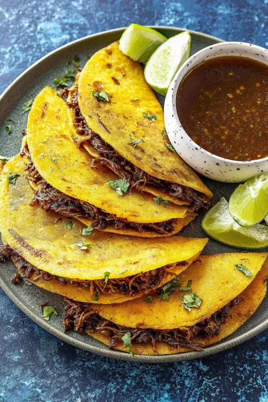 Ein Teller mit Tacos plus Limettenspalten zum Verfeinern.