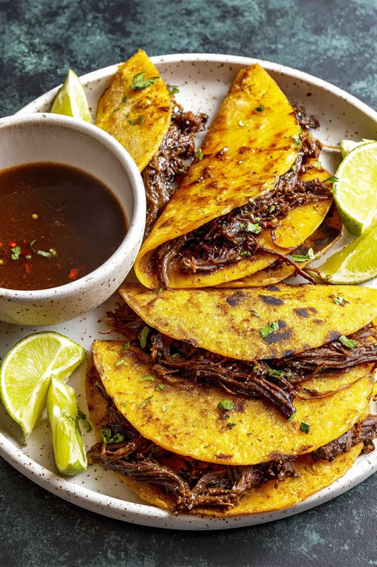 Ein Teller mit Tacos, Fleisch und Zwiebeln.