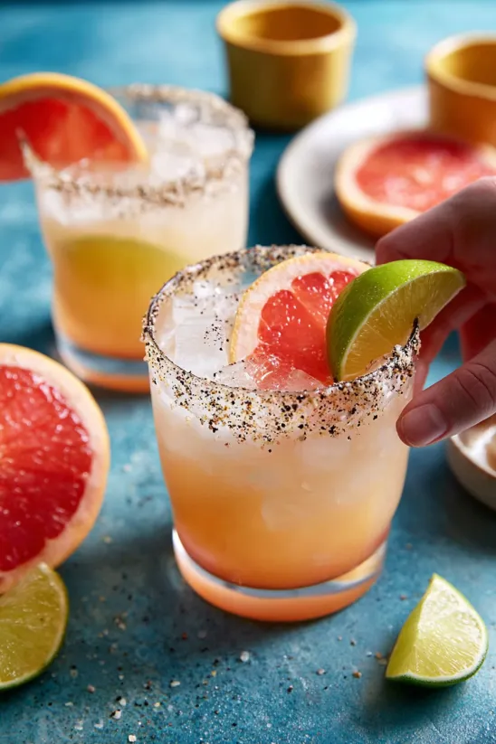 Eine Hand greift nach einer Limettenscheibe zum Garnieren eines Paloma-Drinks.