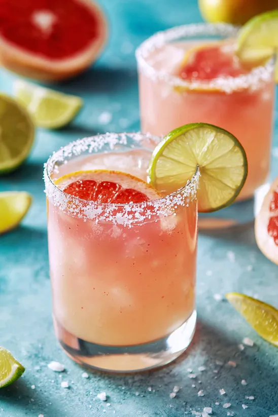 Ein Glas mit rosa Drink und Limettenscheibe oben drauf.