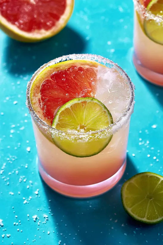 Ein Glas Paloma mit Limettenscheibe.