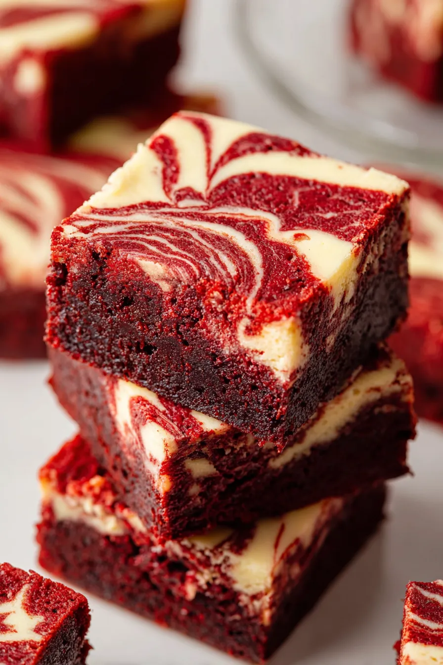 Nahaufnahme von Red Velvet Cheesecake Brownies.