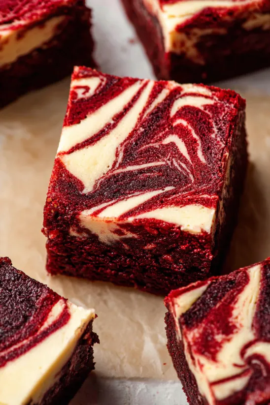Ein Stück Red Velvet Cheesecake Brownies.