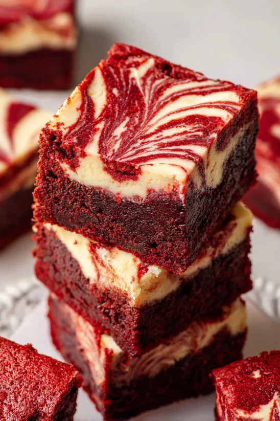 Mehrere gestapelte Red Velvet Brownies mit Käsekuchenschicht.