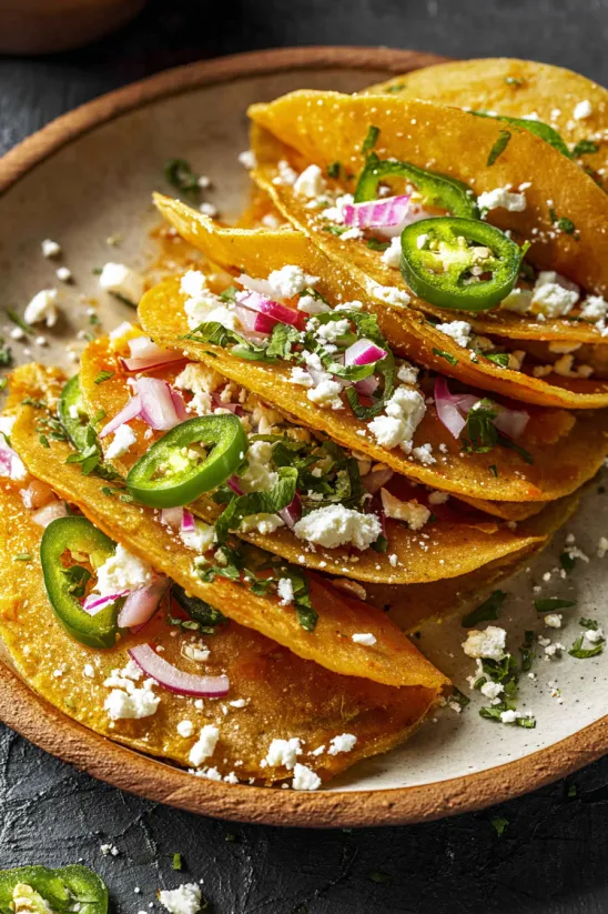 Ein Teller mit Tacos de Papa, Käse und Jalapeños.