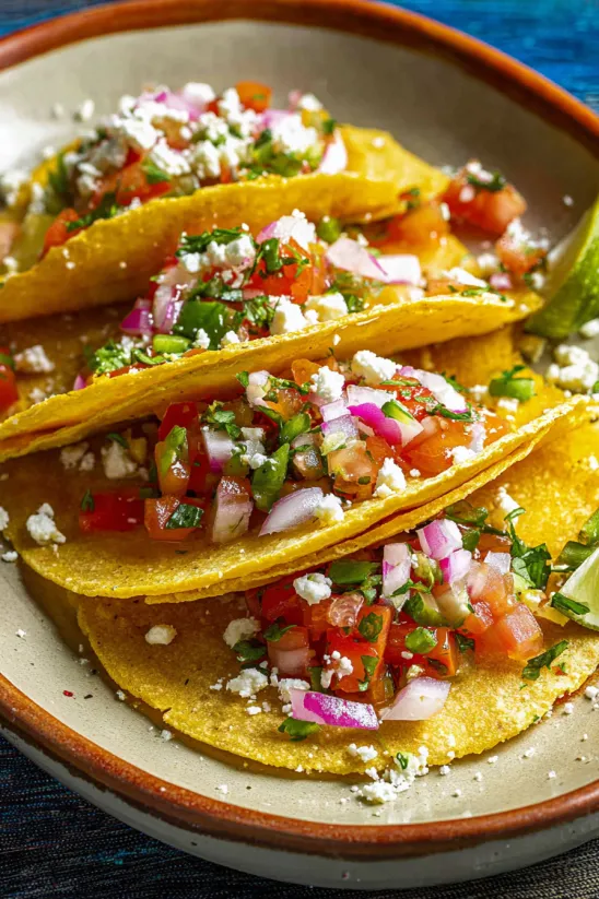 Ein Teller Tacos de Papa mit Zwiebeln, Tomaten und Käse.