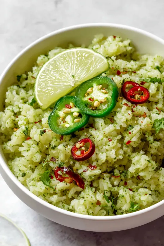 Eine Schüssel Arroz Verde mit Limetten und Jalapeños.