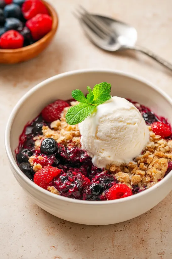 Eine Schale Beerenauflauf mit Eis oben drauf.