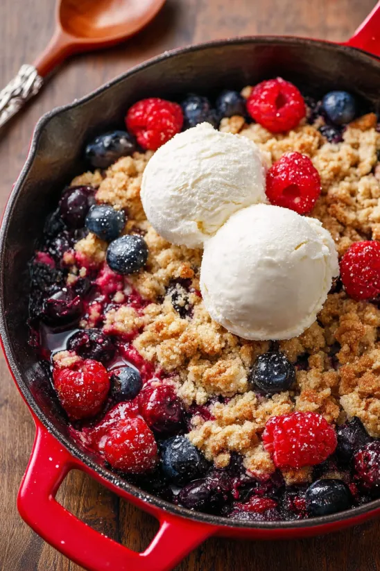Eine Schüssel Beeren-Cobbler mit zwei Kugeln Eis.
