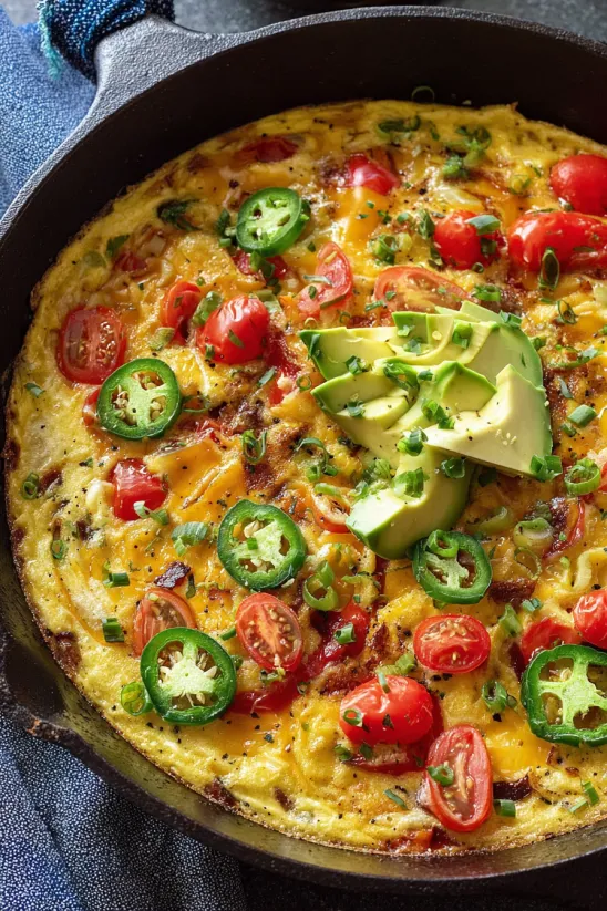 Ein Teller Migas mit Tomaten, Jalapeños und Avocado.