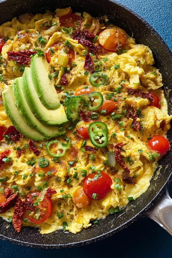 Migas mit Tomaten, Jalapeños und Avocado.