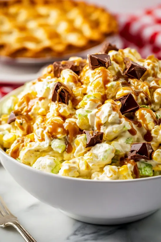 Eine Schüssel mit Snickers-Apfelsalat und Karamell.