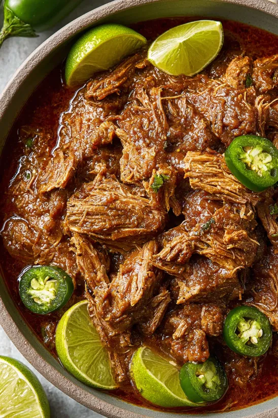 Eine Schale mit Carne Adovada, Limetten und Jalapeños.