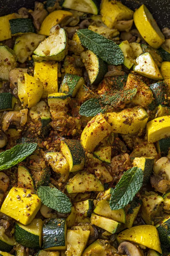 Eine Schüssel mit Calabacitas, die in einer Sauce gegeben sind.