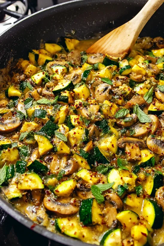 Eine Schüssel mit einer Mischung aus Zucchini, Mushrooms, Spinach und anderen Zutaten.