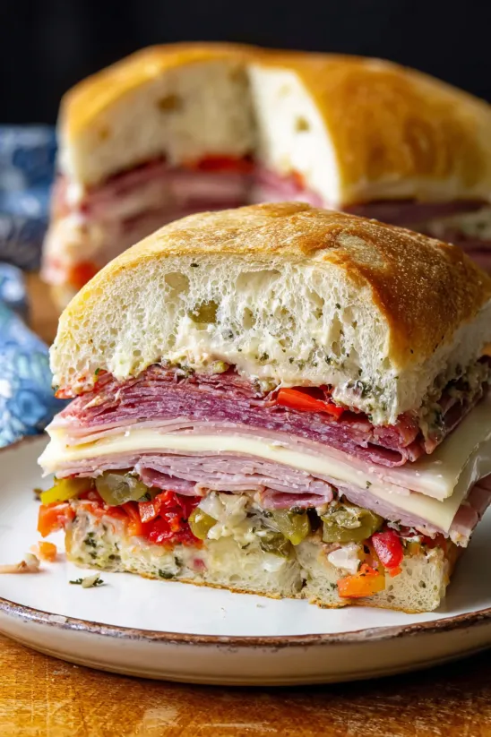 Ein Muffaletta Sandwich mit Wurst, Käse und Gemüse.