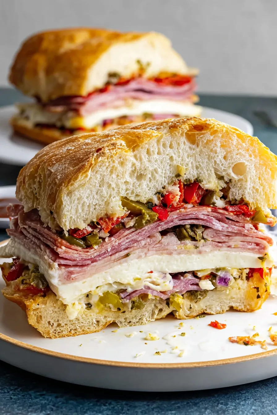 Ein Muffaletta-Sandwich mit Aufschnitt, Käse und Gemüse.