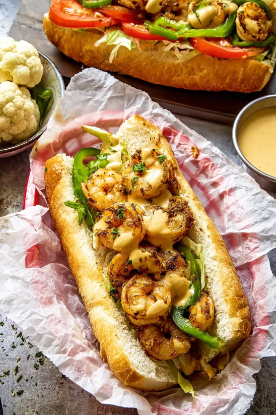 Ein Po' Boy Sandwich mit Garnelen, Salat und Mayo.