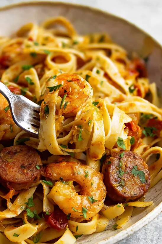 Eine Schale Cajun-Pasta mit Gabel.