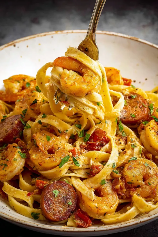Eine Schale Cajun-Pasta mit Garnelen und Pasta.