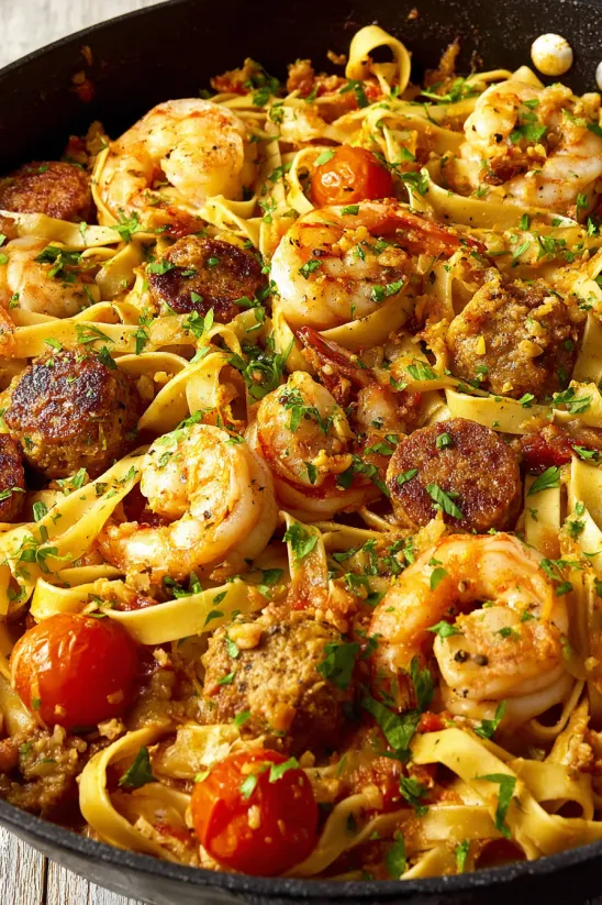 Eine Portion Cajun Pasta mit Garnelen und Tomaten.