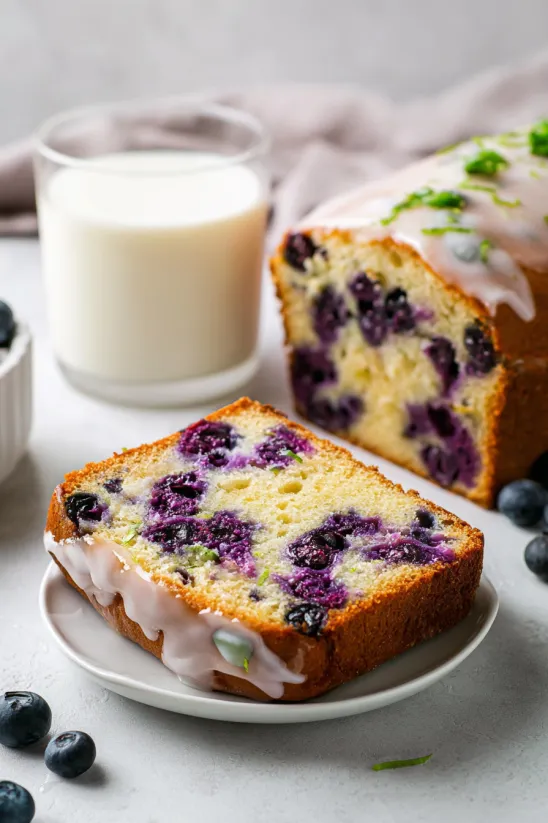 Ein Stück Blaubeerkuchen mit einem Glas Milch.