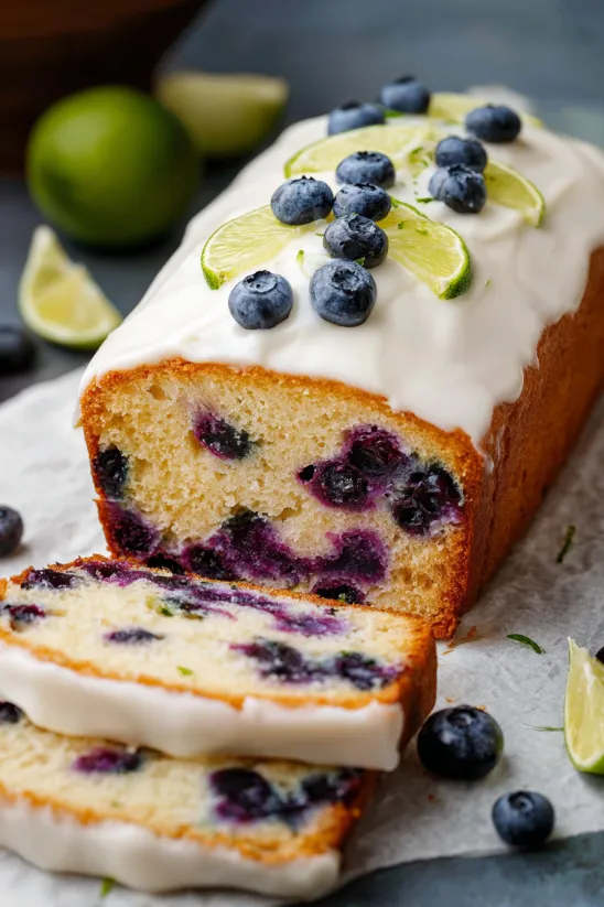 Ein Stück Limettenkuchen mit Blaubeeren und Limettenscheiben obendrauf.