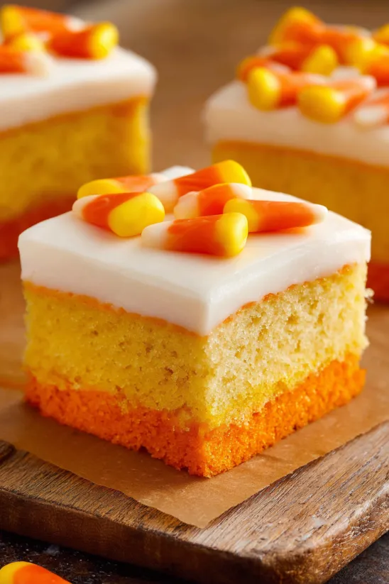 Ein Stück Candy Corn Kuchen.
