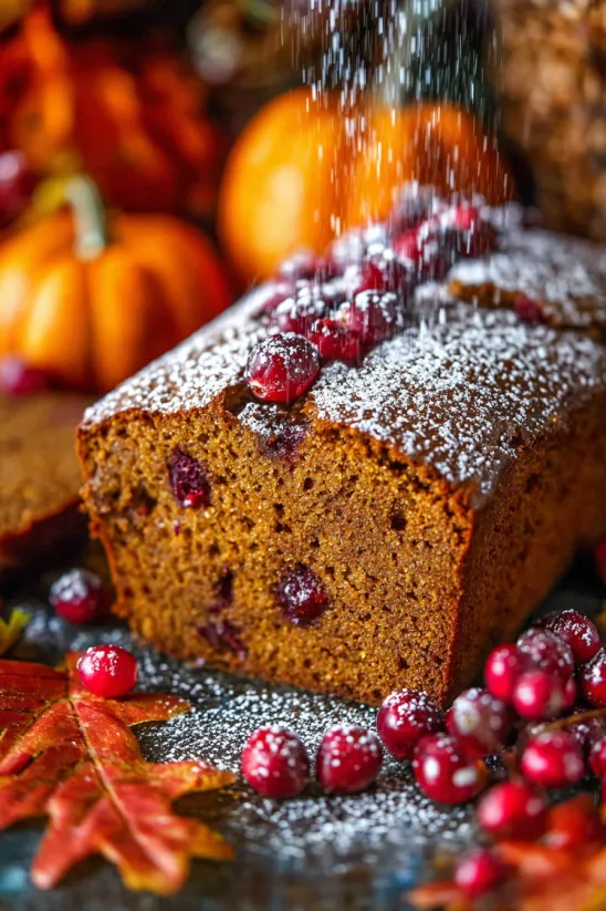 Eine angeschnittene Scheibe Kürbisbrot mit Cranberrys.