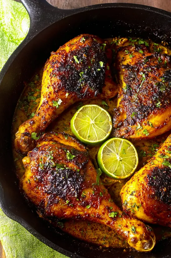 Eine Pfanne Pollo Asado (mexikanisches Brathähnchen) mit Limetten und Kräutern.