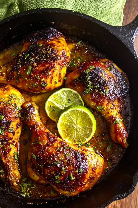 Pfanne voll Pollo Asado mit Limetten und Kräutern.