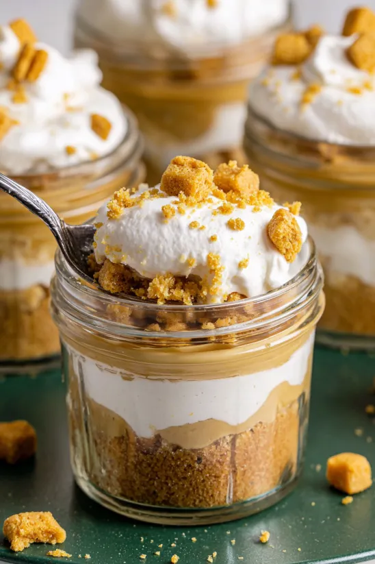 Ein Glas mit Erdnussbutter-Käsekuchen und Löffel.
