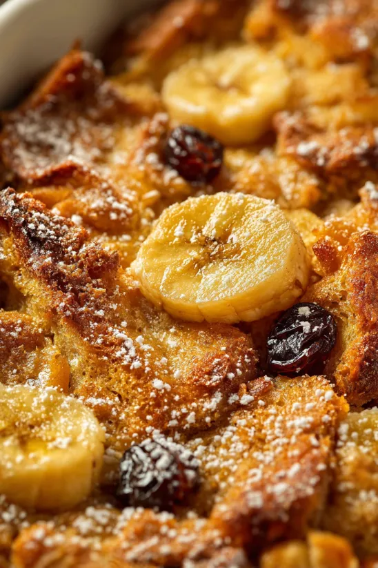 Nahaufnahme eines Desserts mit Bananen und Rosinen.