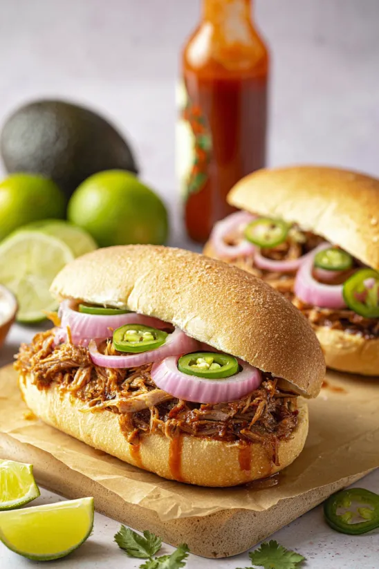 Ein Sandwich mit Zwiebeln und Jalapeños drauf.