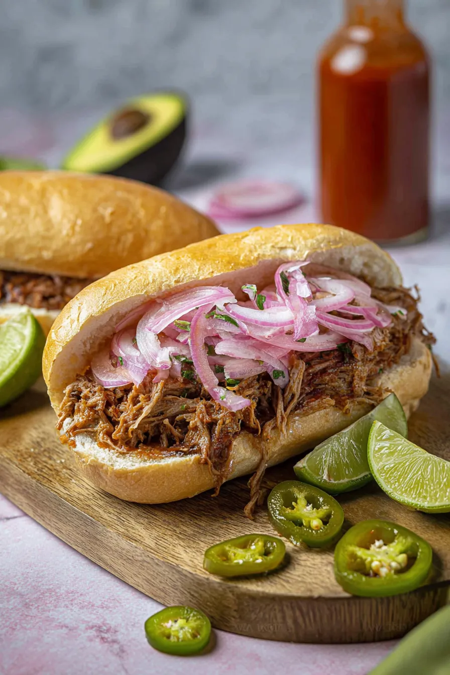 Ein Sandwich mit Pulled Pork und Zwiebeln.