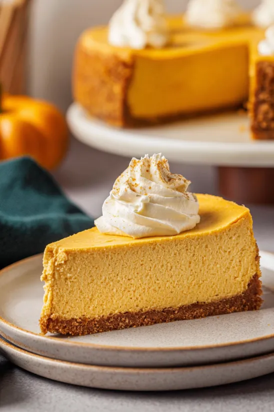 Ein Stück No Bake Kürbis Cheesecake mit Schlagsahne als Topping.