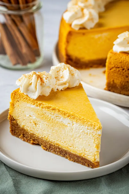 Ein Stück No Bake Kürbis Cheesecake.