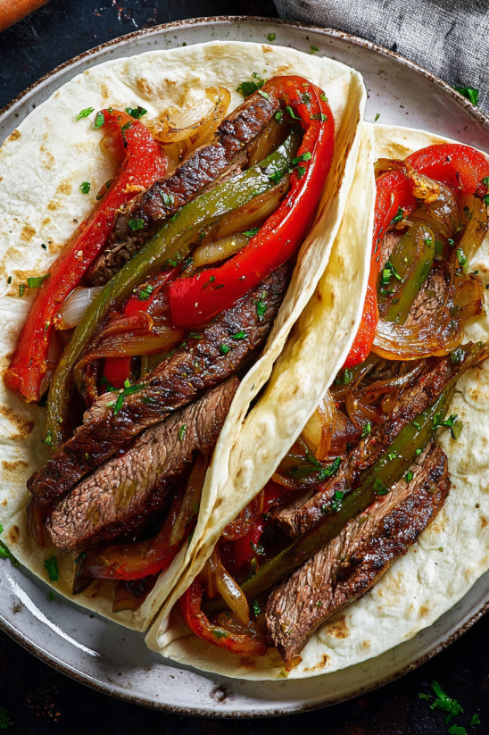 Leckere Steak-Fajita mit Zwiebeln und Paprika.
