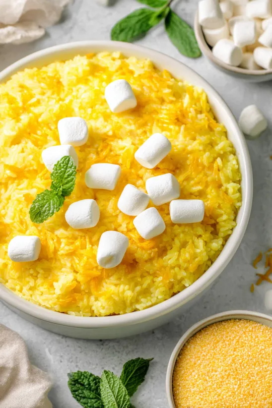 Eine Schüssel Reissalat mit Marshmallows und Minze.