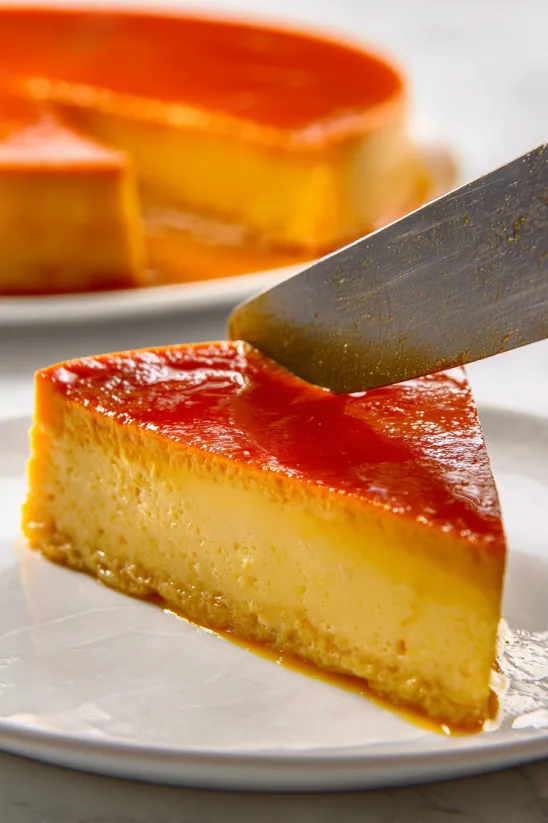 Ein Stück Flan auf einem Teller.