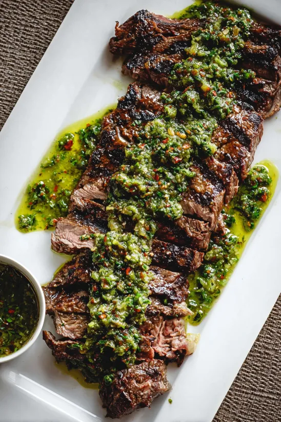 Teller mit gegrilltem Steak und grüner Soße.